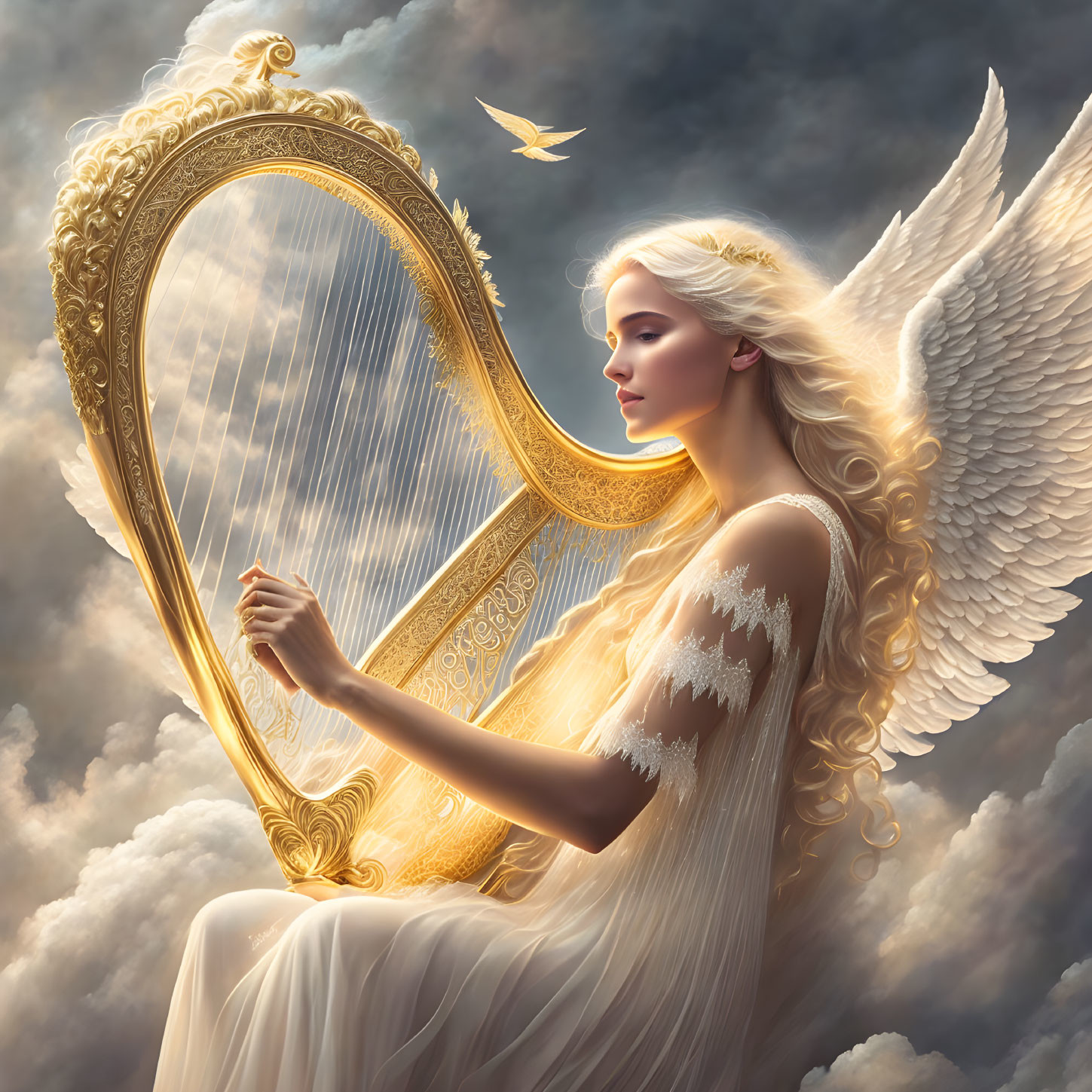 Angelic figure with white wings playing golden harp in clouds