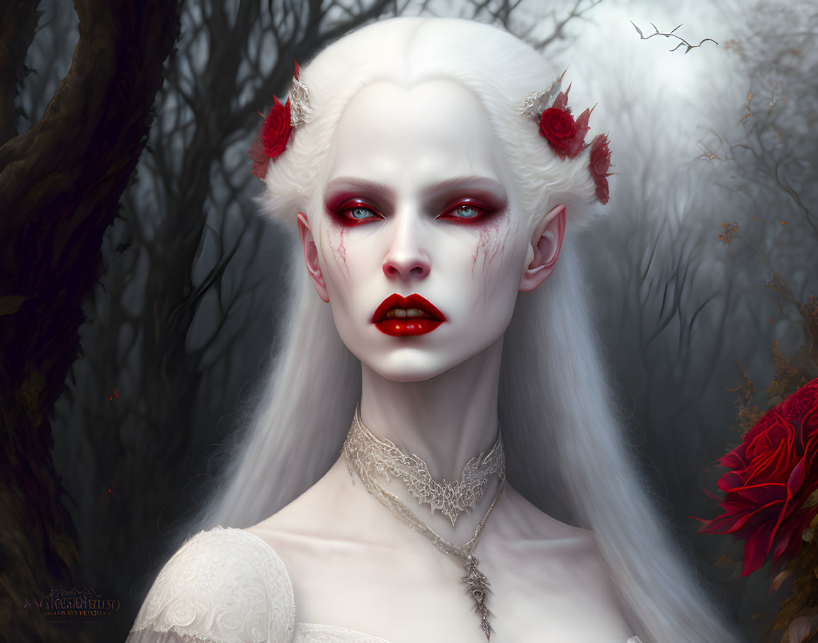 Pale-skinned woman with white hair and red eyes in forest setting.