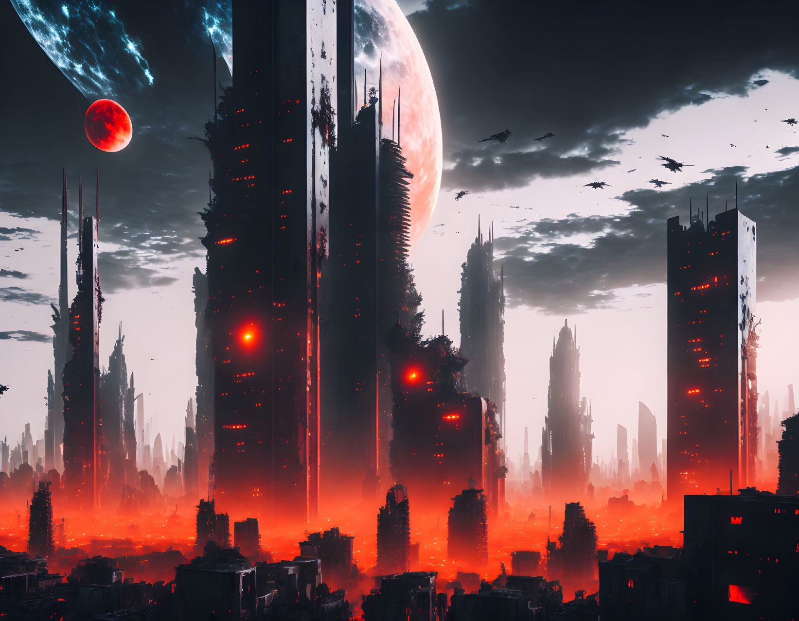 Futuristic cityscape with towering skyscrapers and large moons in red-hued atmosphere