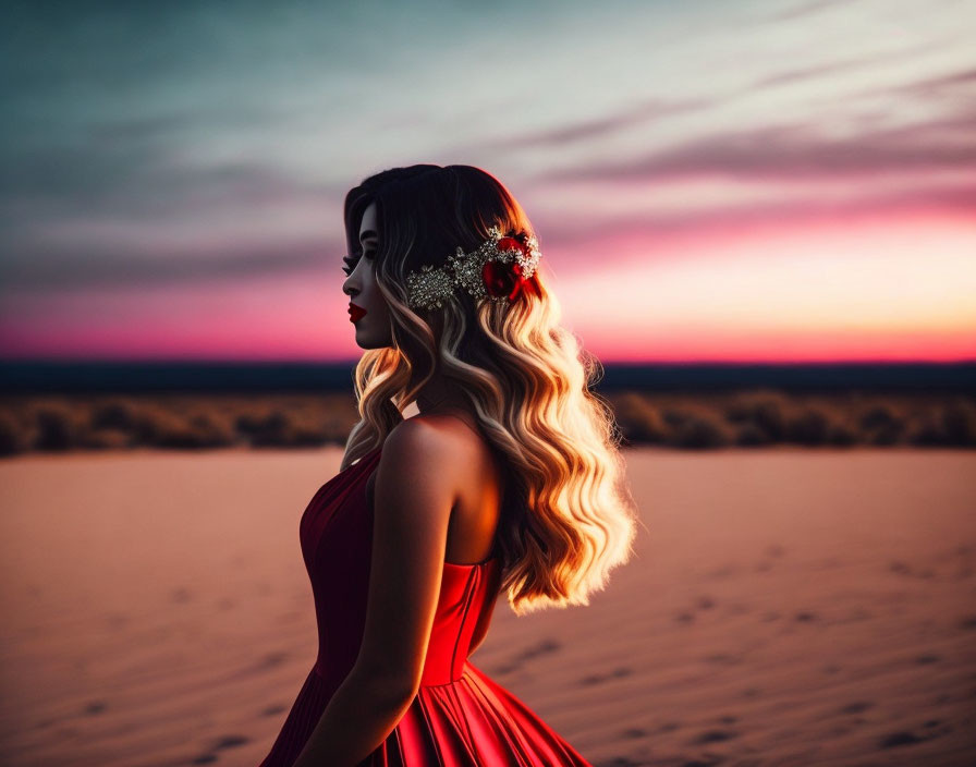 Woman in red dress with wavy hair in desert sunset scene