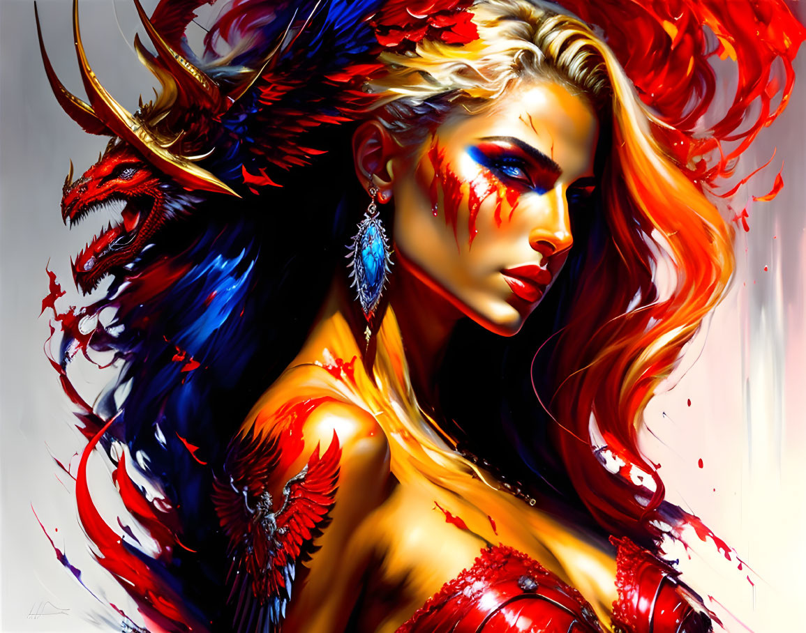 Colorful artwork of a woman with golden hair, red wings, and horns in a fierce pose