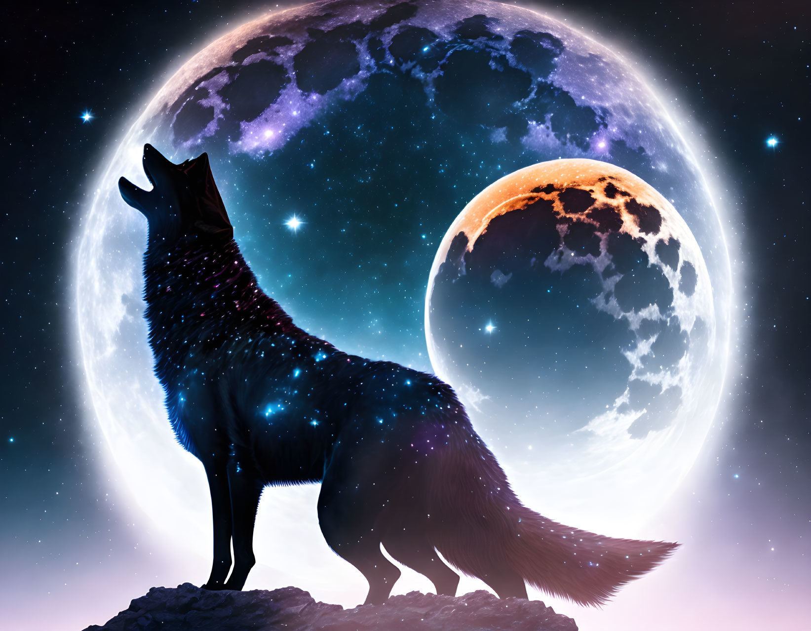 Mystical wolf silhouette under cosmic moonlit sky