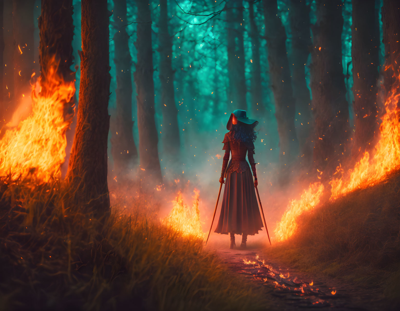 Person in Hat and Cloak on Forest Path Surrounded by Flames and Blue Lights