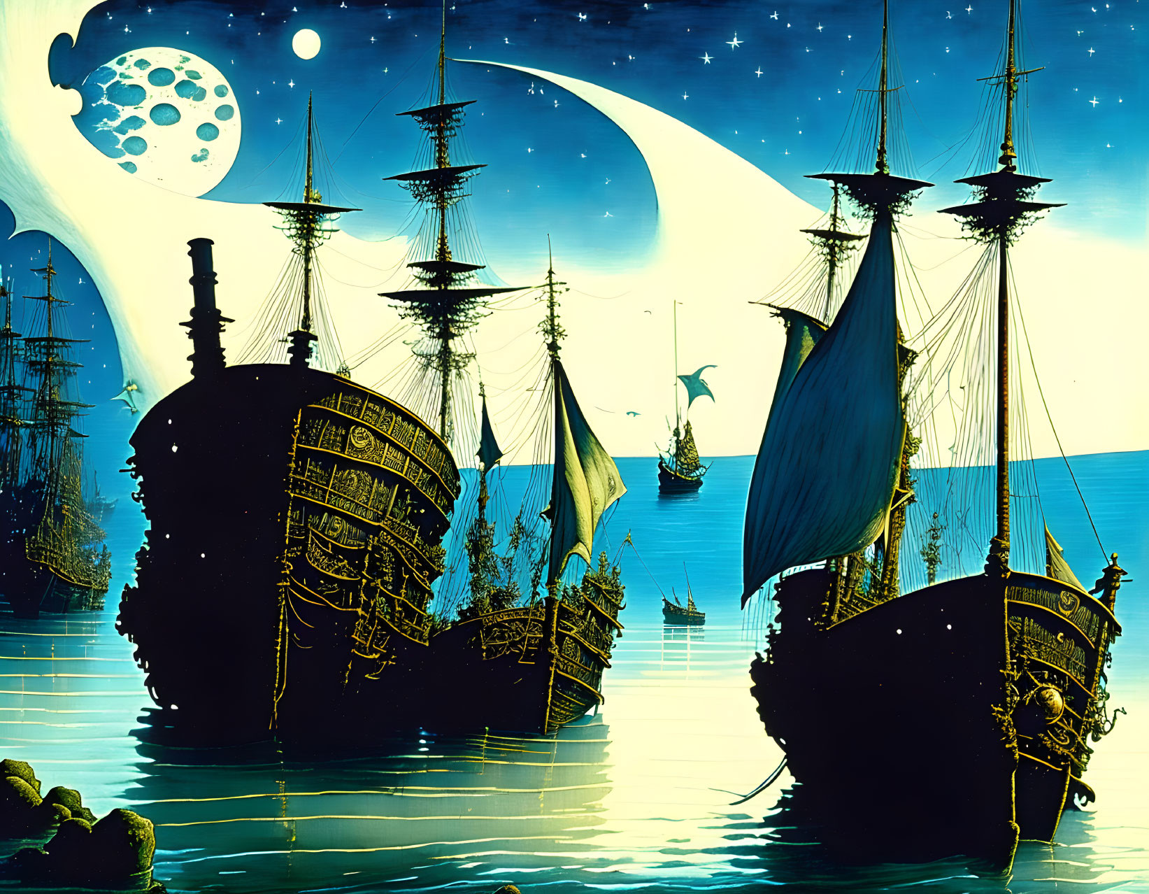 Moonlit sea with sailing ships under fanciful sky.