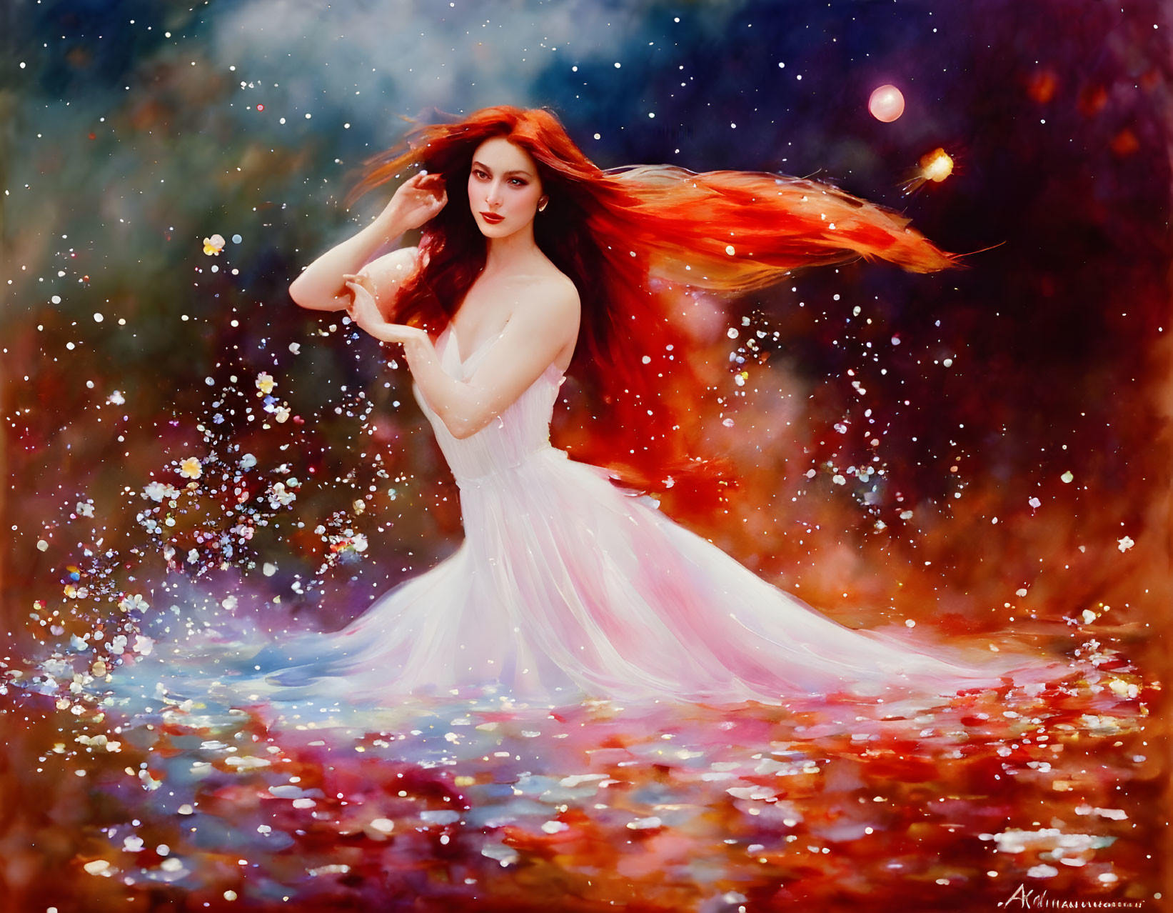 Woman with Red Hair in White Dress Surrounded by Colorful Backdrop