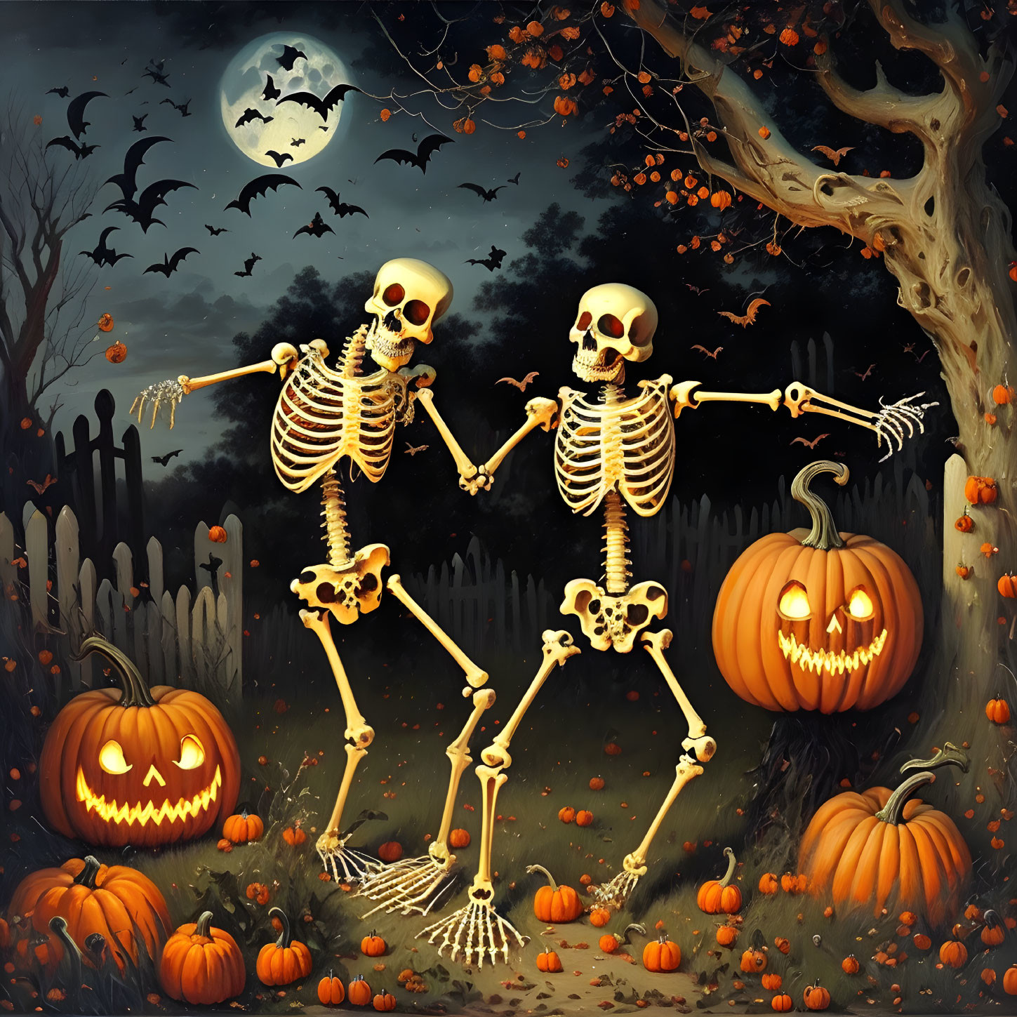 Spooky Halloween scene with skeletons, jack-o'-lanterns, full moon, bats, and