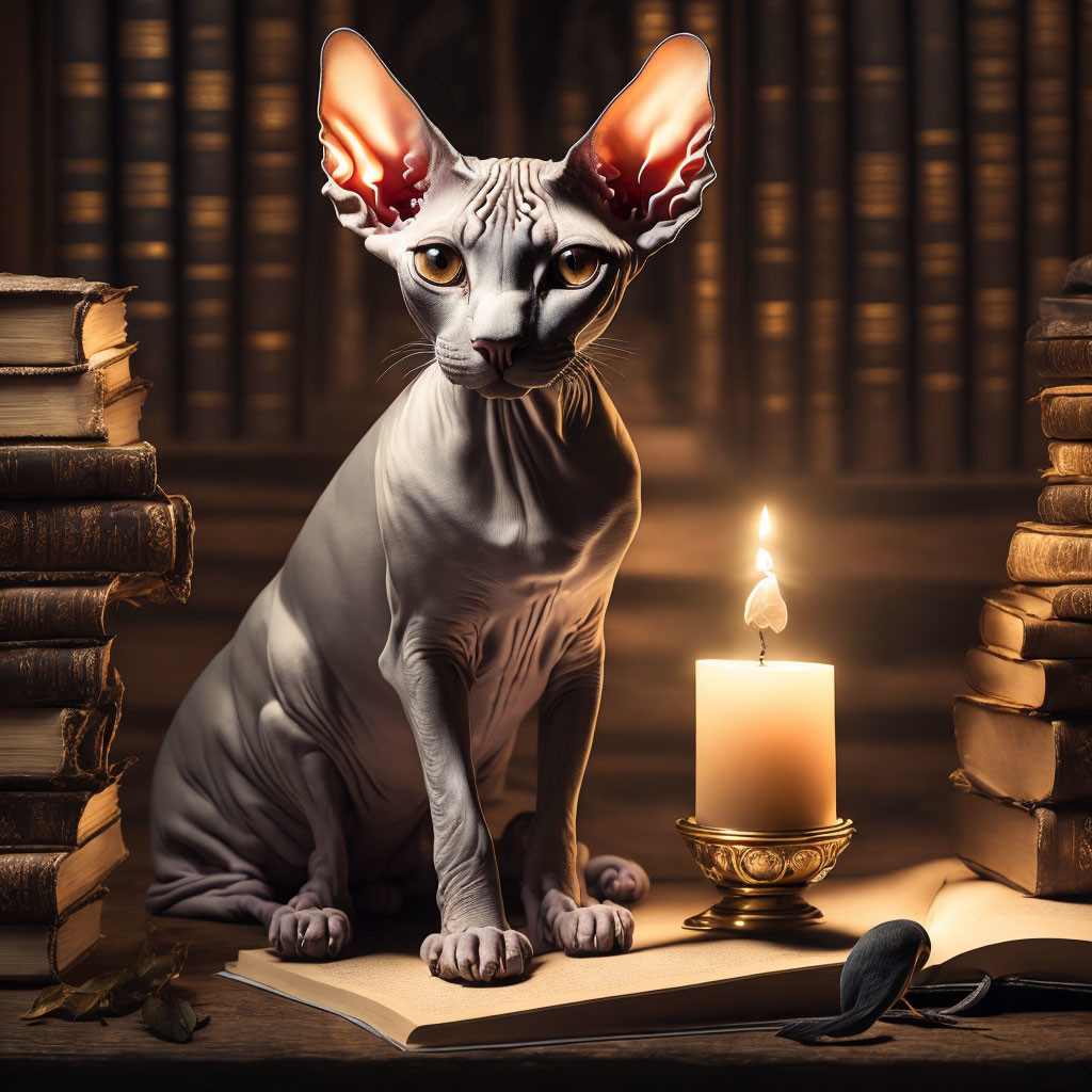 Hairless Sphynx cat with candle and books in dimly lit library