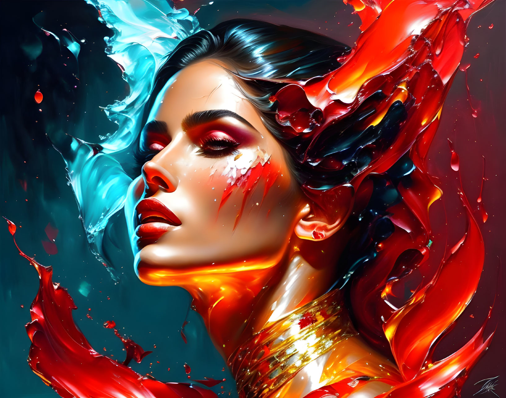 Colorful digital artwork of a woman with bold makeup and dynamic liquid splashes