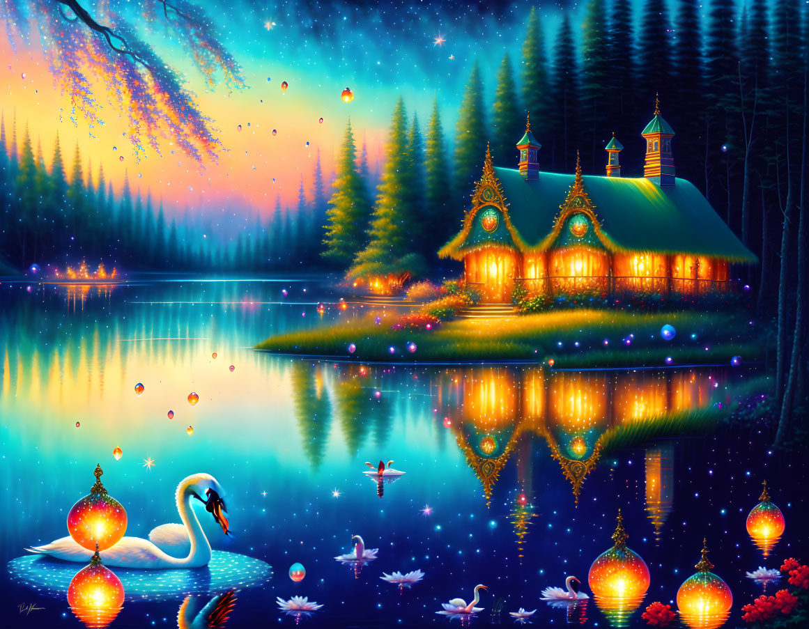 Twilight lakeside cottage with glowing lanterns and swan