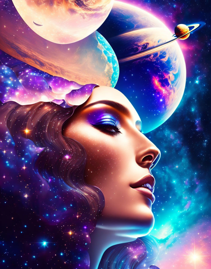 Cosmic-themed artwork: Woman's profile with galaxies, planets, and stars in fantasy blend