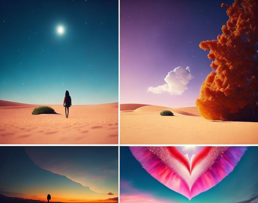 Four Desert Scenes: Person under Starry Sky, Twilight Hues, Giant Leaf, Heart Constellation