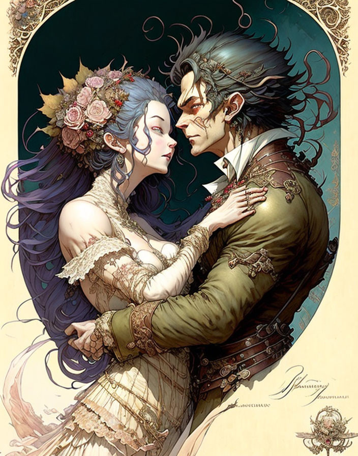 Gothic romantic illustration of embracing couple with floral headpiece and horns