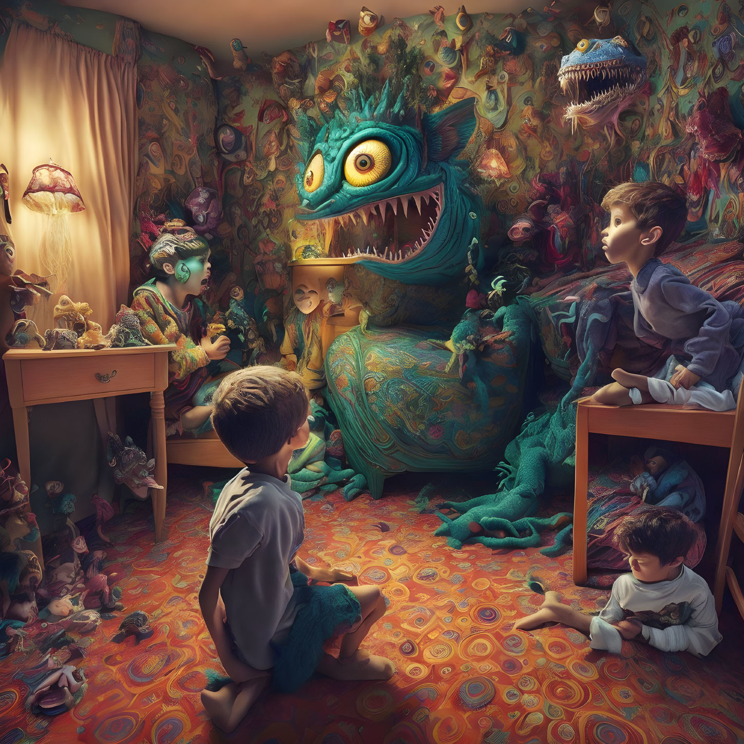 Children playing in whimsical room with vibrant monster toys