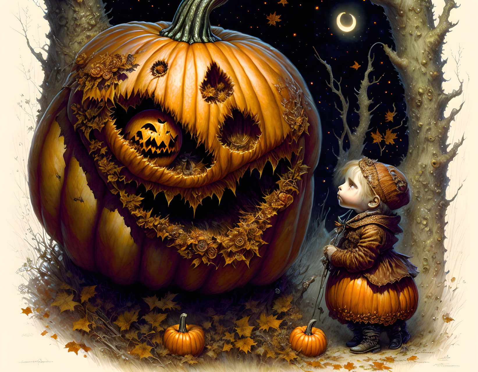 Child in Pumpkin Costume Admiring Giant Carved Pumpkin at Night