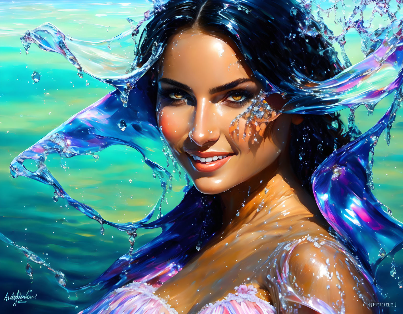 Smiling woman in digital artwork with water splashing and sunlight