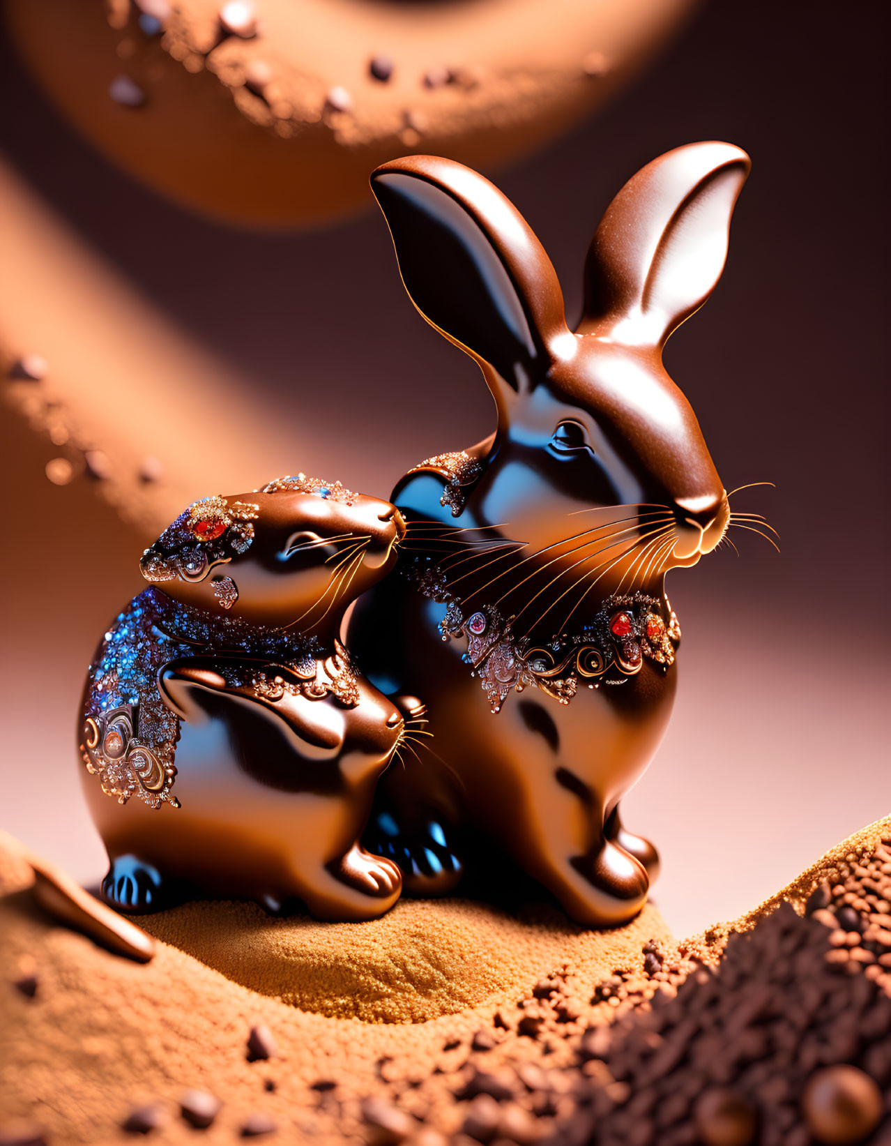 Ornamental rabbits with jewel embellishments on warm sandy background