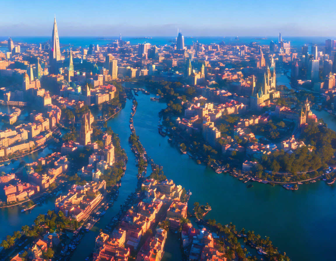 Vibrant cityscape at sunset with skyscrapers, river, and ocean.