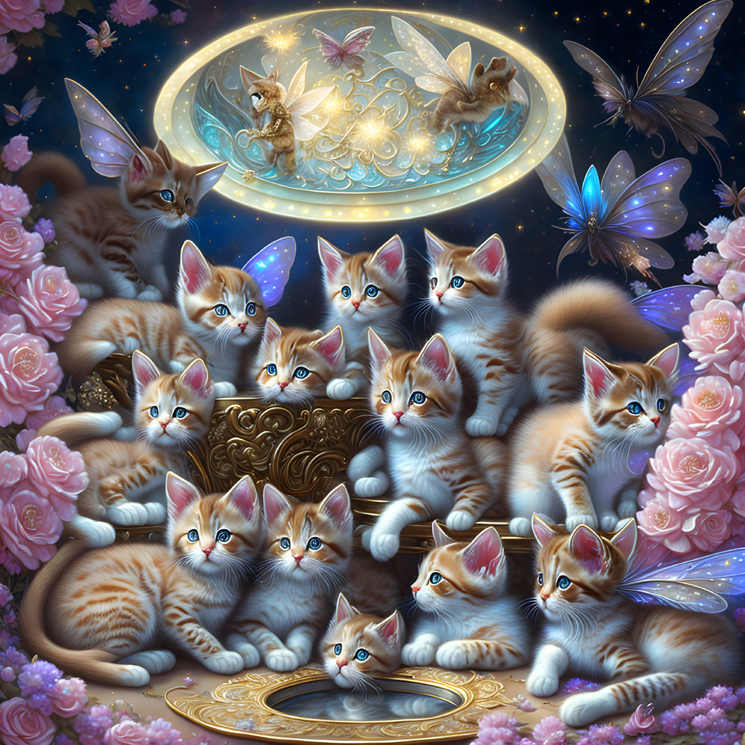 Fantasy scene: Kittens, pink flowers, glowing butterflies, celestial backdrop.