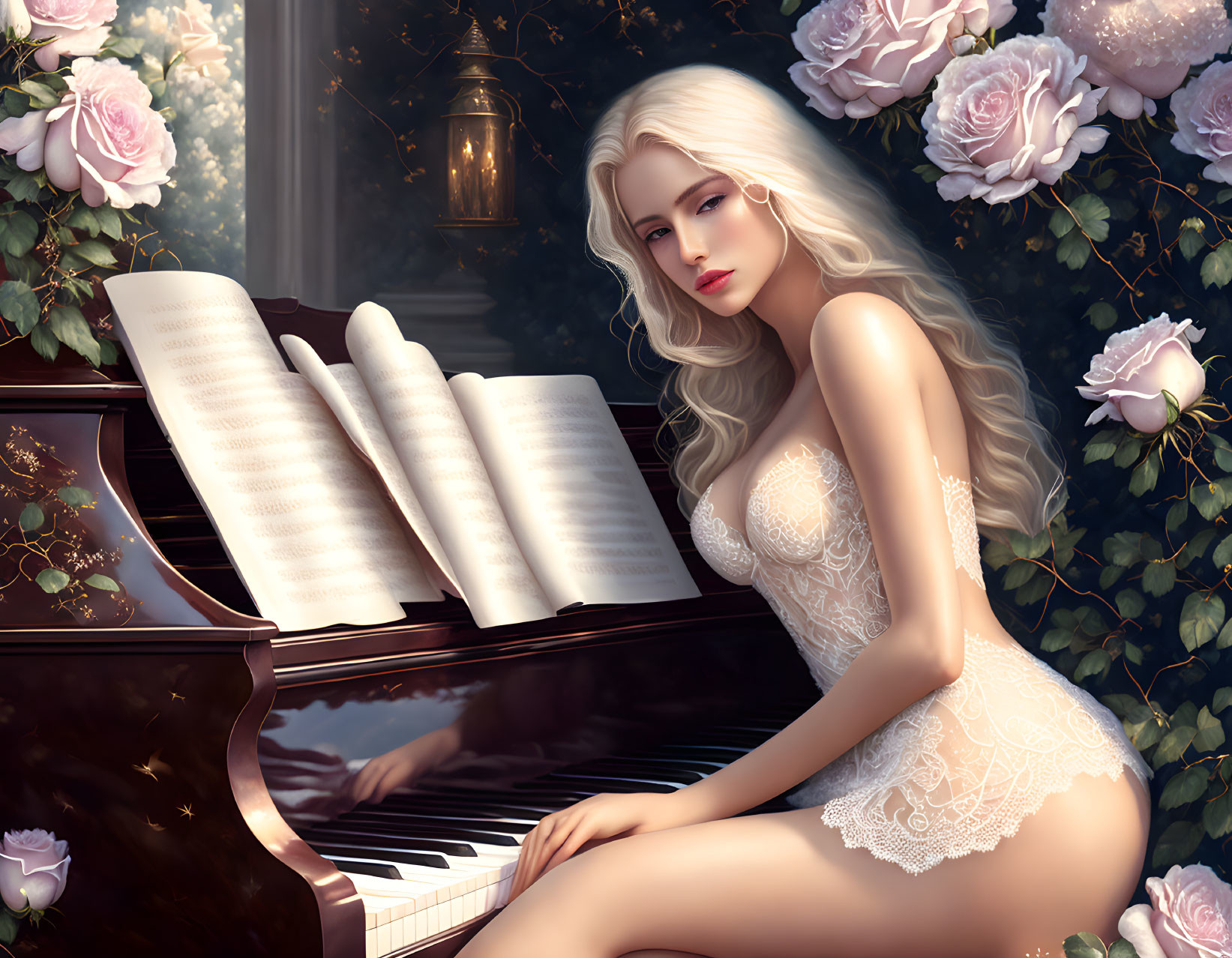 Blonde woman by piano with roses and sheet music