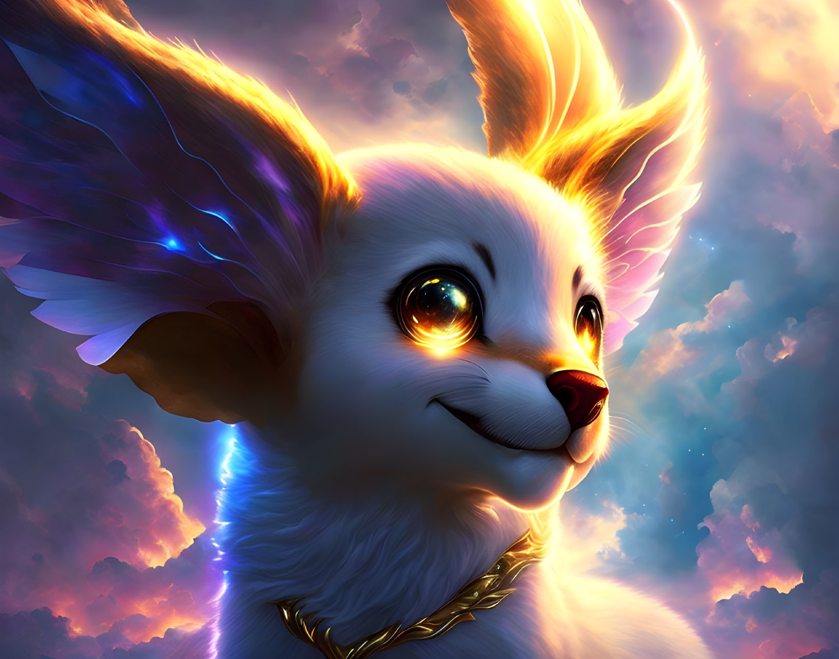 Colorful Creature with Glowing Ears in Sky Illustration