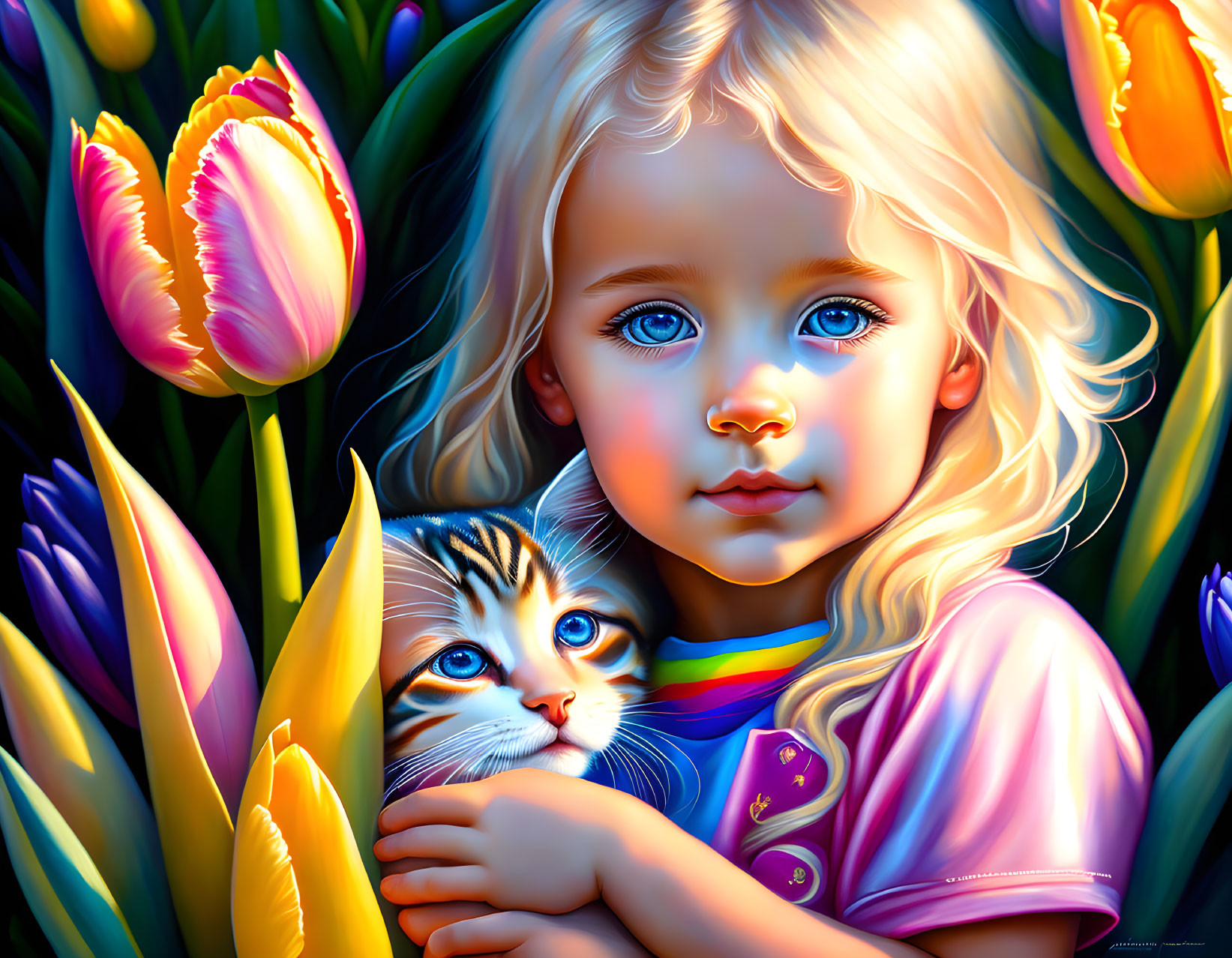 Colorful Illustration of Young Girl with Blue Eyes Embracing Cat in Tulip Field