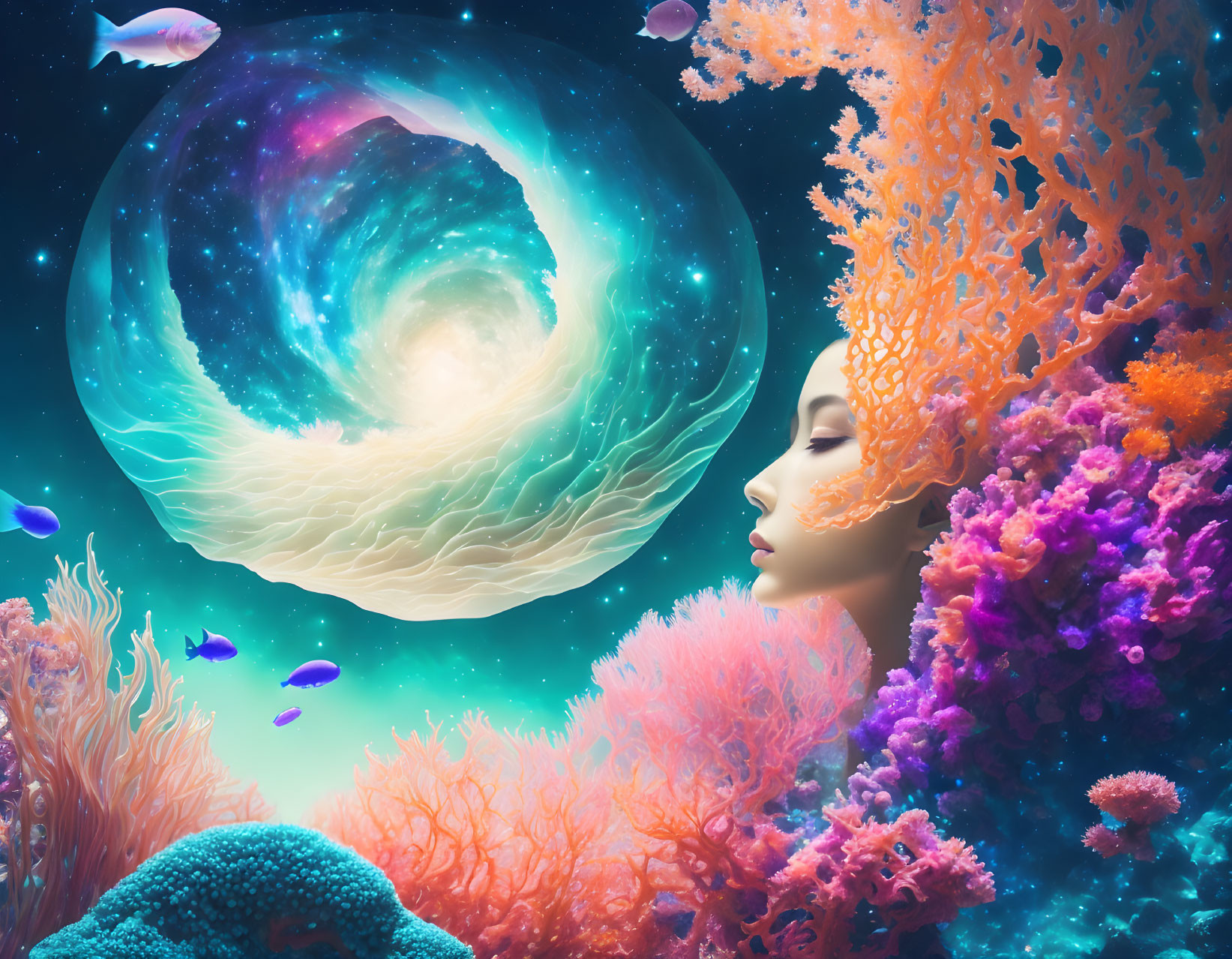 Surreal woman's profile blending with underwater and galaxy elements