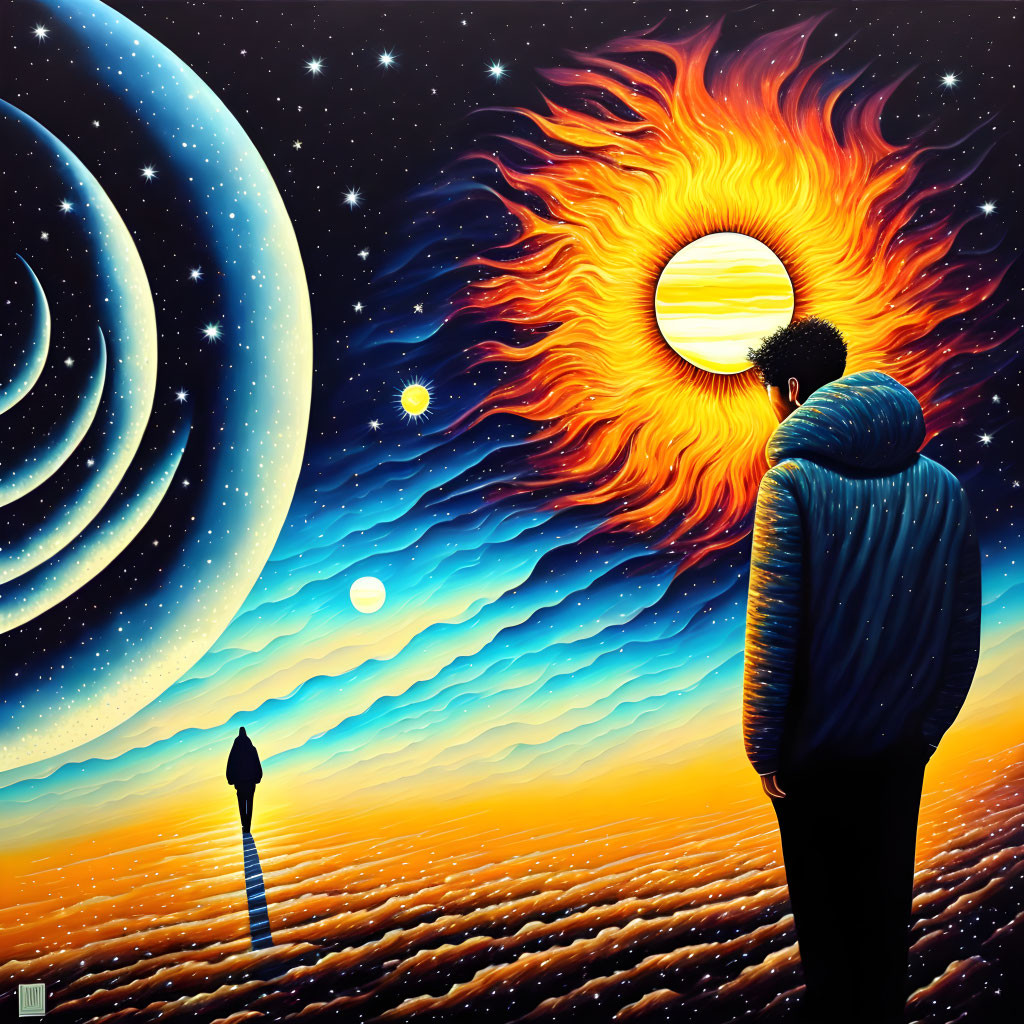 Person in surreal landscape with fiery orb, crescent moon, stars, and colorful sky.