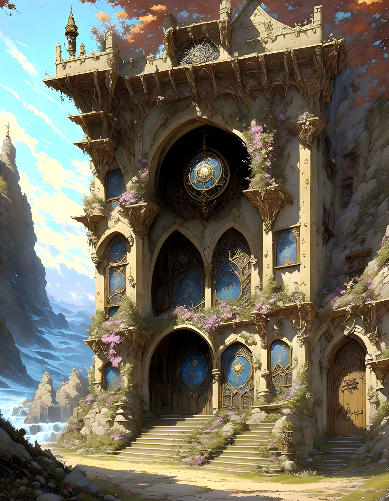 Ornate Cliffside Castle with Stained-Glass Windows