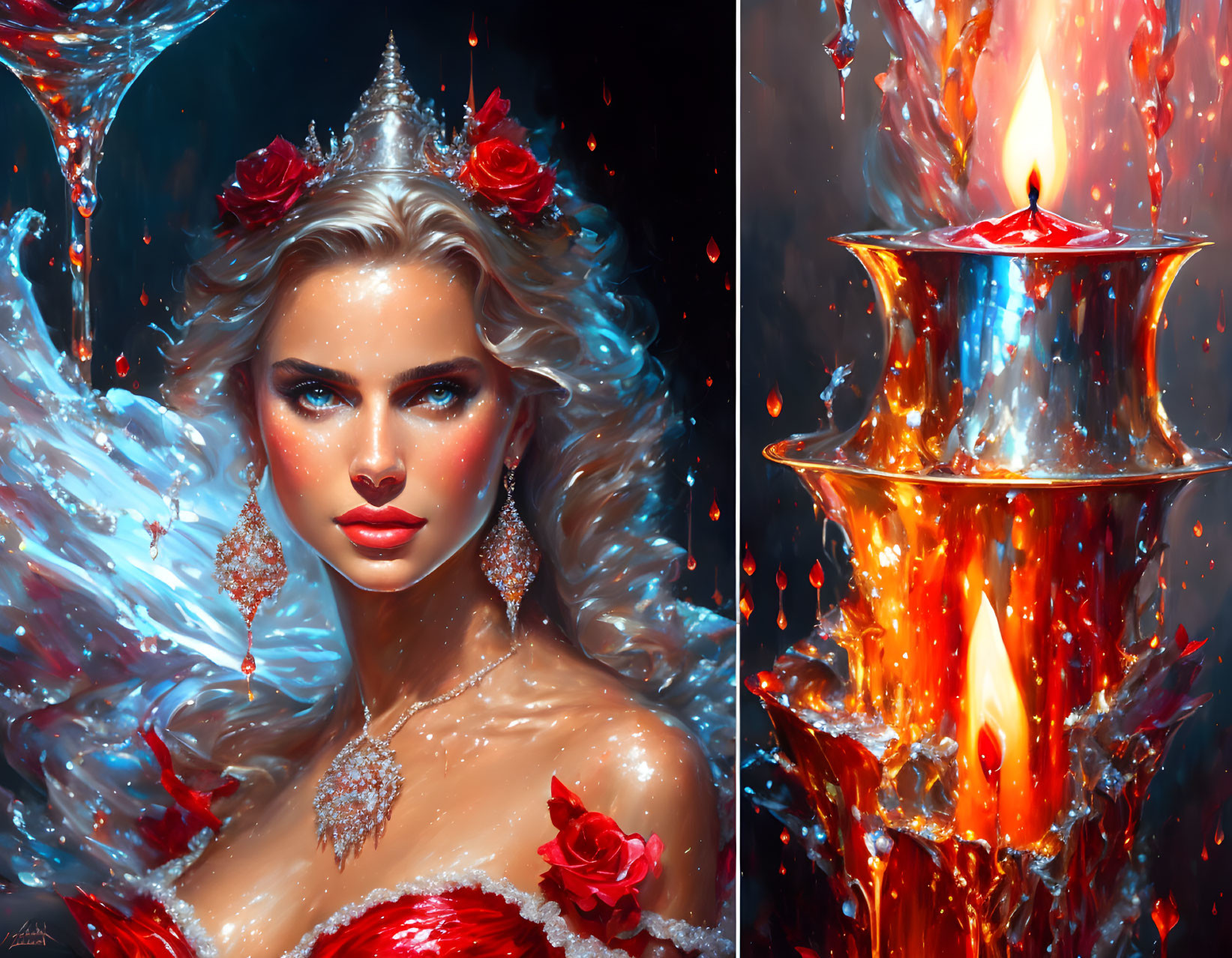 Fantasy-inspired artwork: regal woman with blue hair, roses, candle, and fiery embers