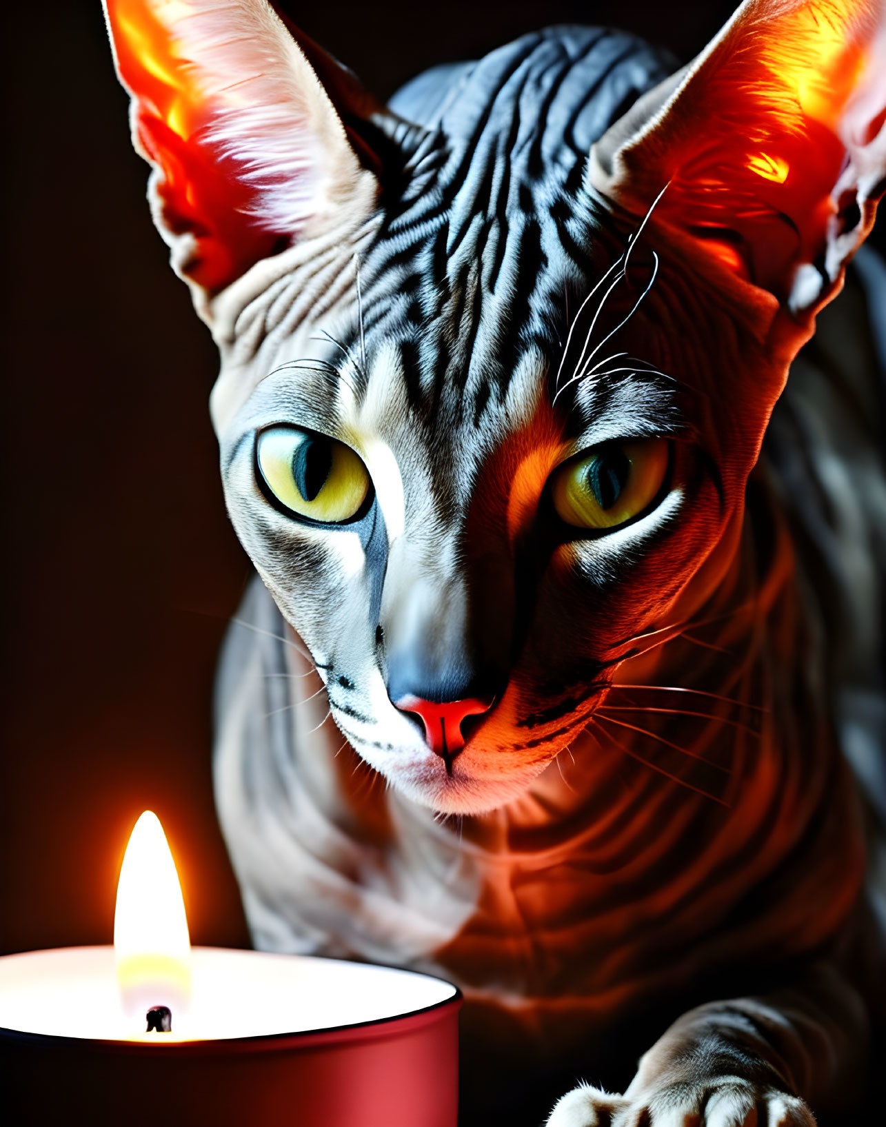 Hairless Sphynx Cat with Orange Ears and Candle in Dimly Lit Room