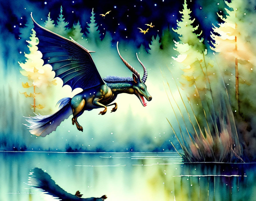 Mythical winged horse with antlers flying over tranquil lake