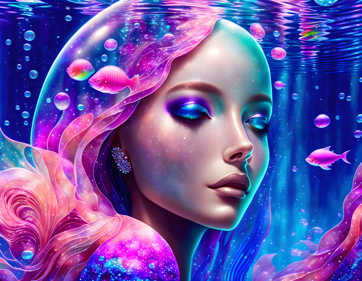 Digital artwork: Woman with pink hair underwater surrounded by bubbles and fish