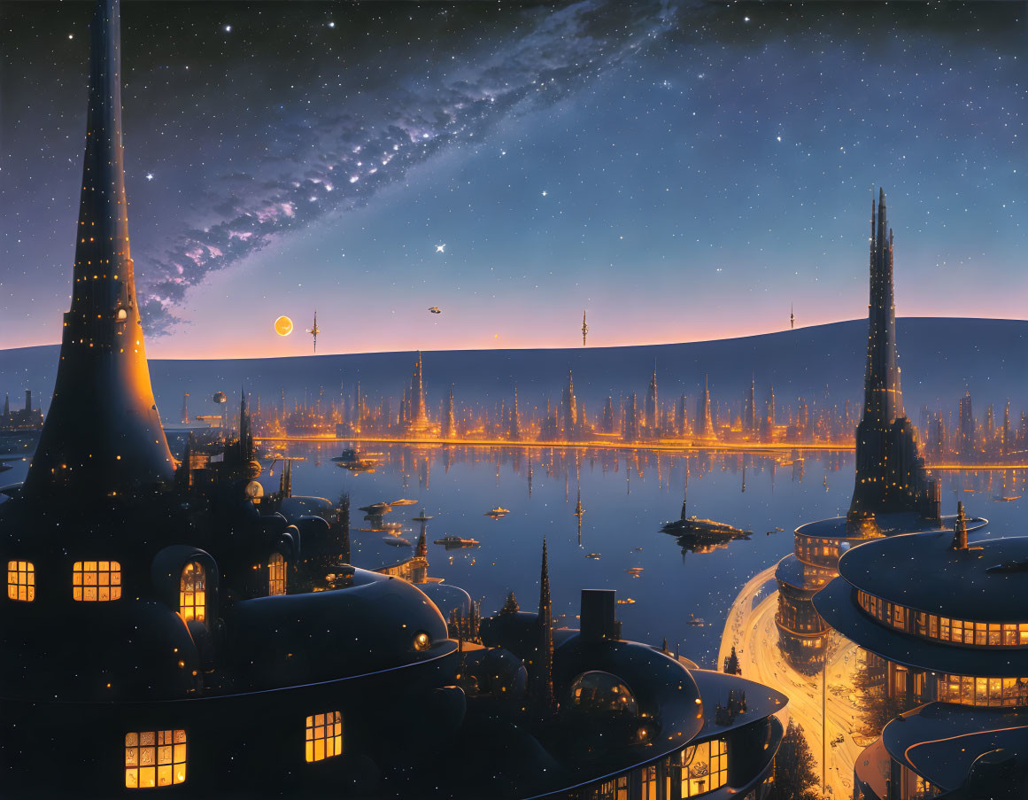 Futuristic cityscape at twilight with illuminated buildings