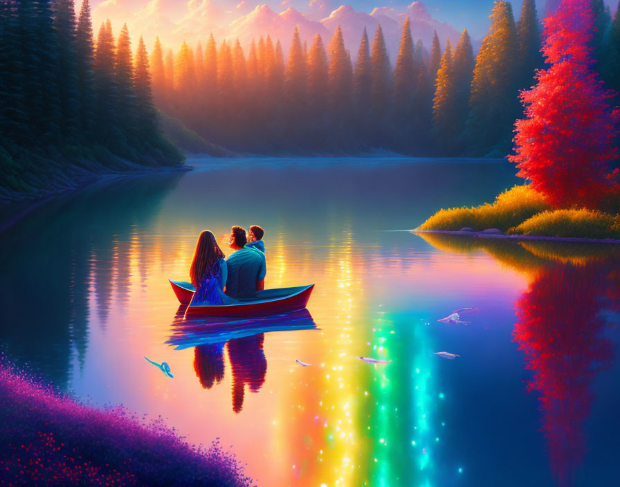 Couple in boat at sunset on serene lake with autumn trees.