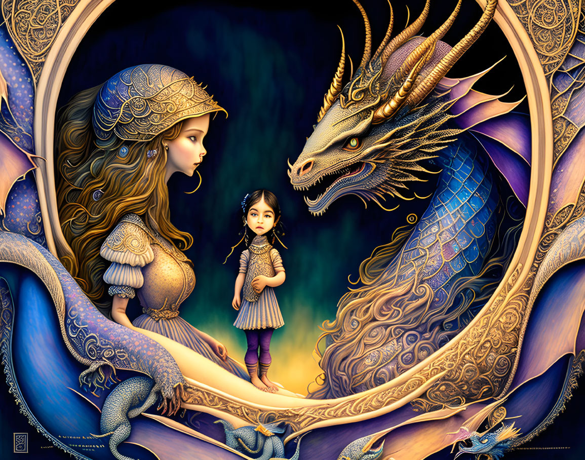 Fantasy illustration of woman, dragon, and child in ornate armor within circular border