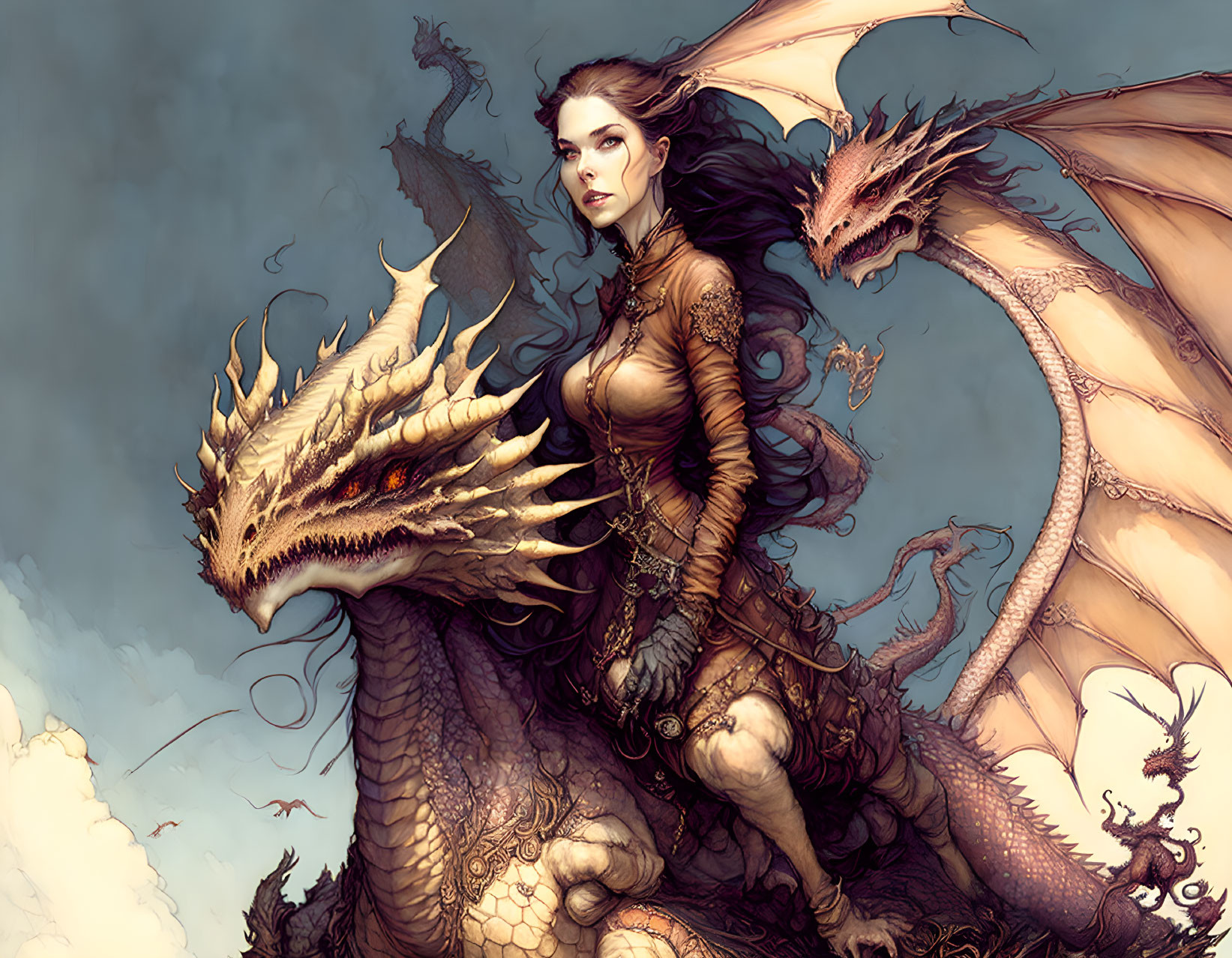 Dark-haired woman in ornate armor riding majestic golden dragon