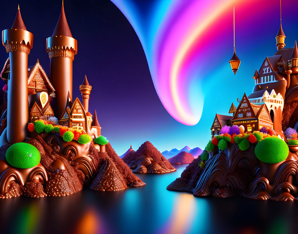 Colorful fantasy landscape with whimsical castles and northern lights swirl