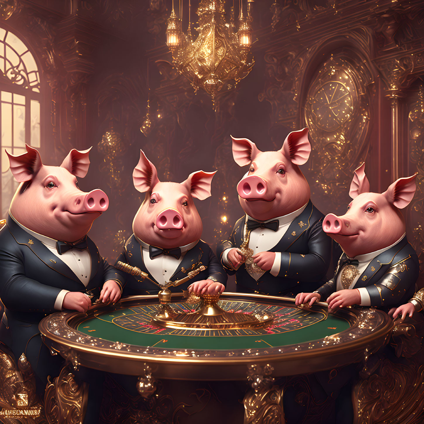 Anthropomorphic pigs in tuxedos at opulent casino roulette table