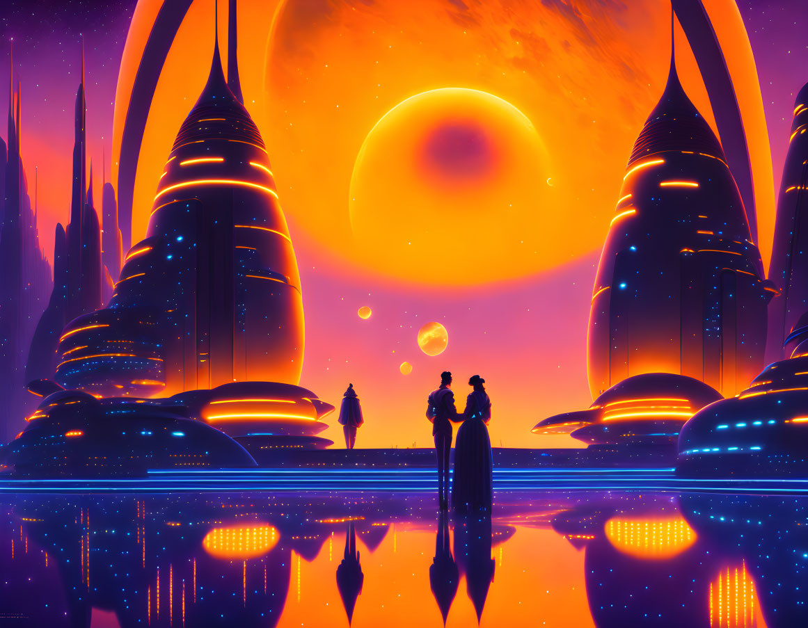 Futuristic cityscape at sunset with silhouetted figures, reflective surfaces, towering spires