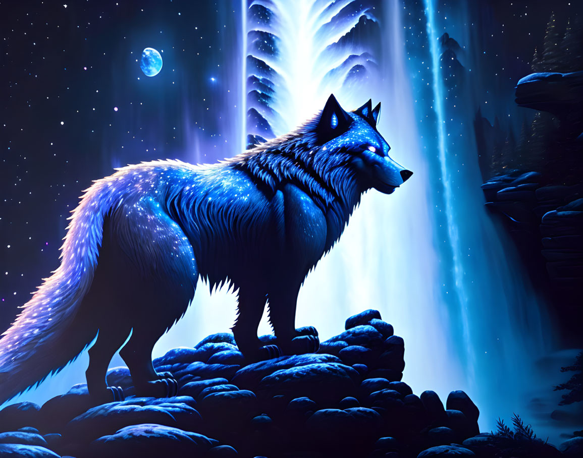 Blue wolf under night sky with aurora and full moon