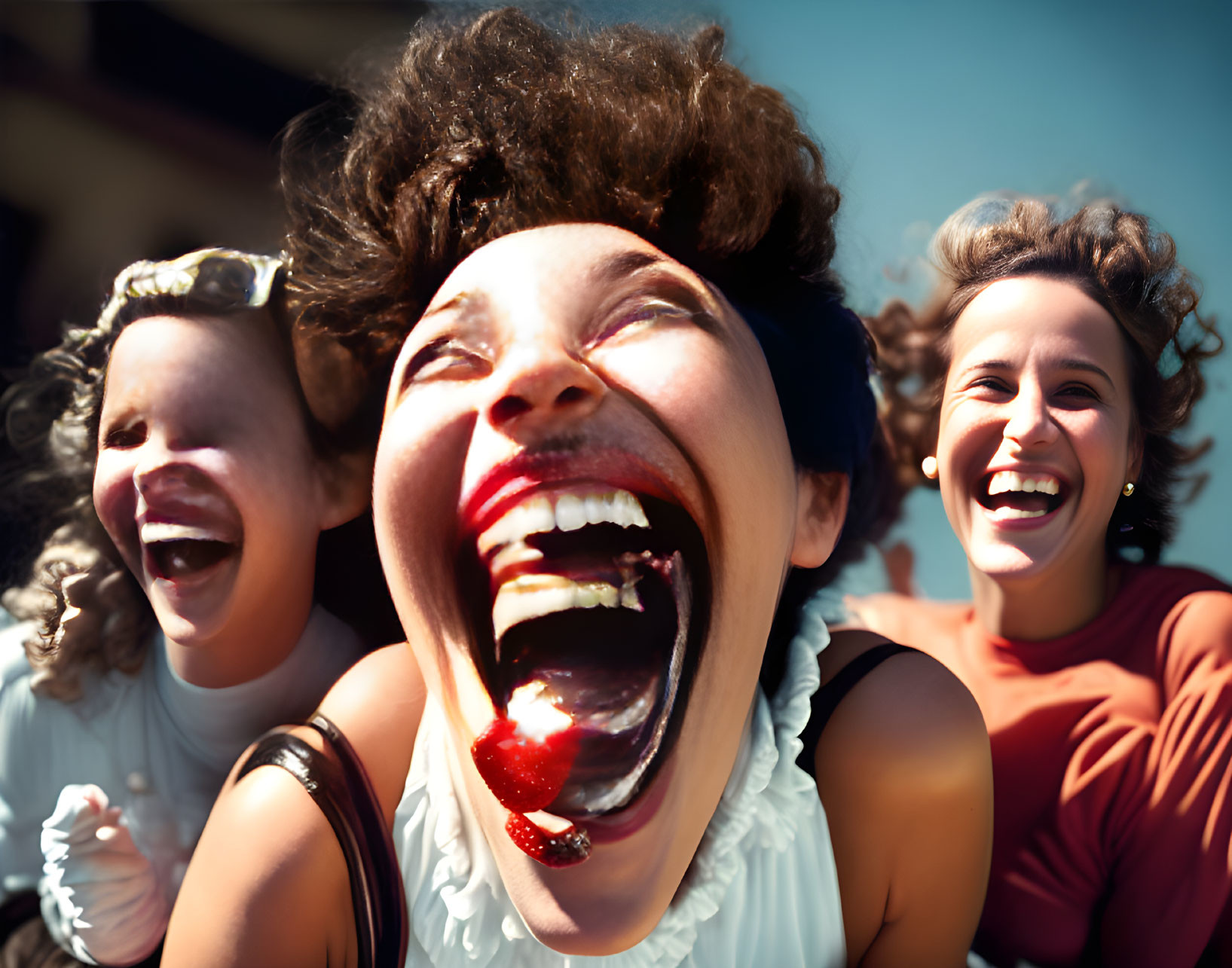 Close-up of three people laughing joyfully