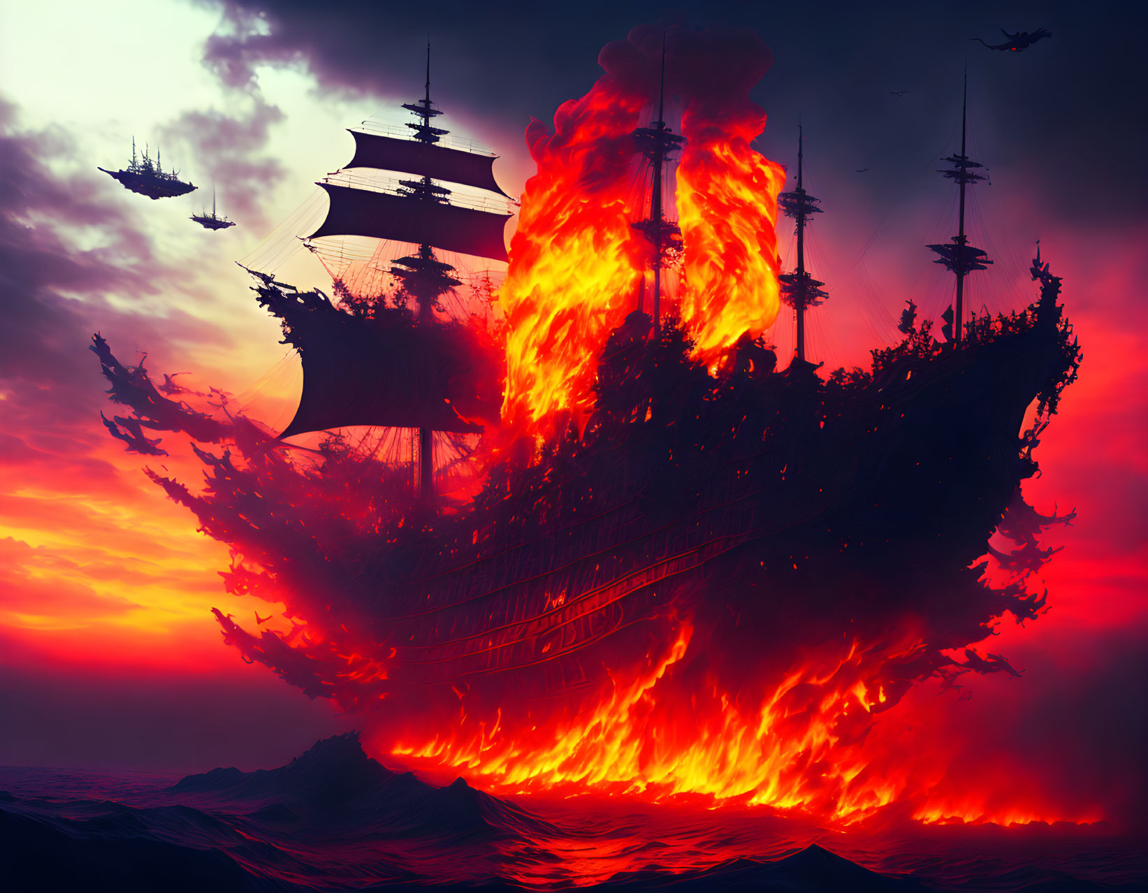 Burning ship on stormy sea with dramatic sky and shadowy vessels