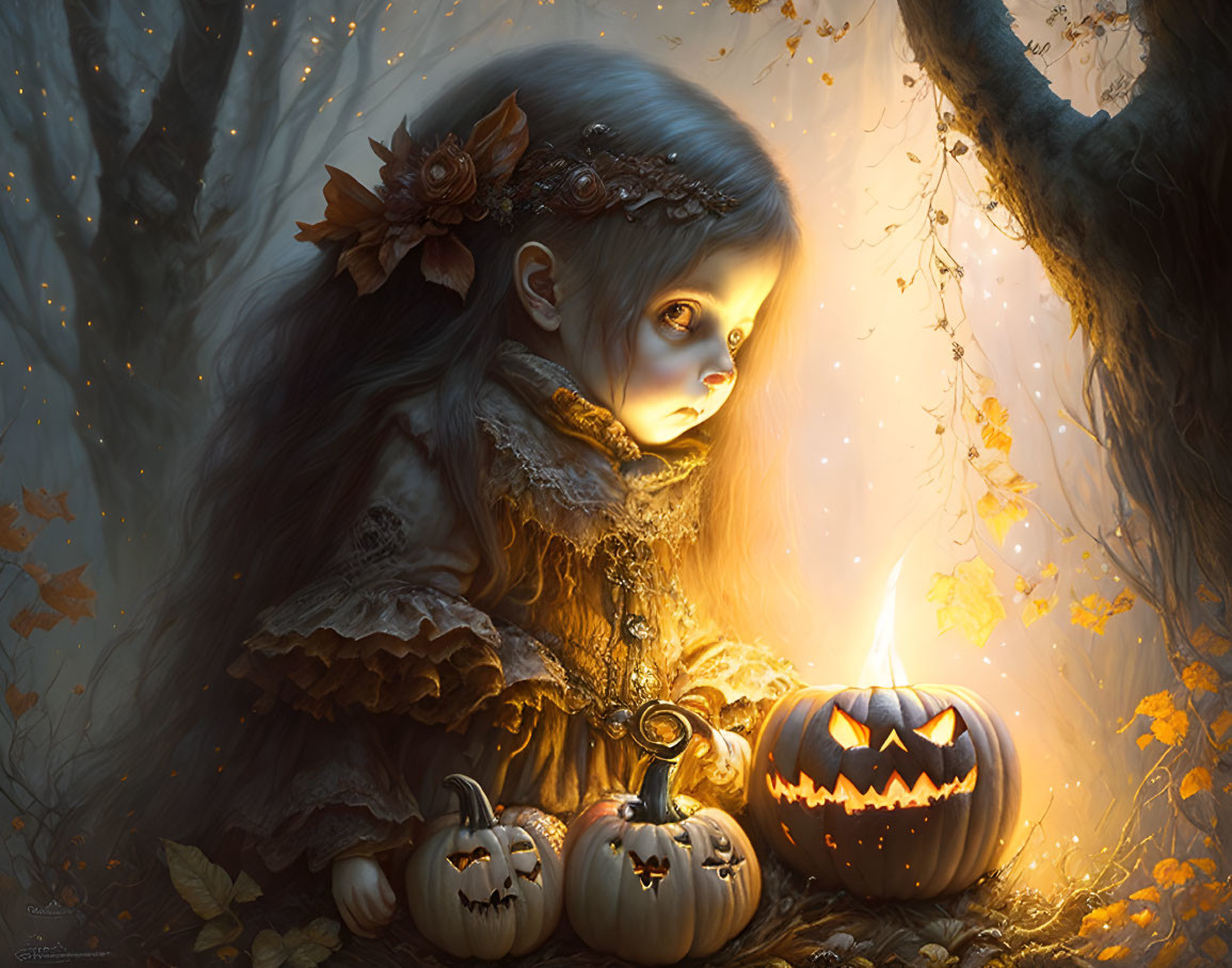 Young girl in brown dress with autumn leaves, sitting by jack-o'-lanterns under twilight-l