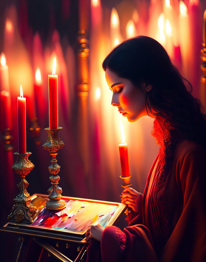 Woman in Red Outfit Holding Candle and Palette Surrounded by Glowing Candles