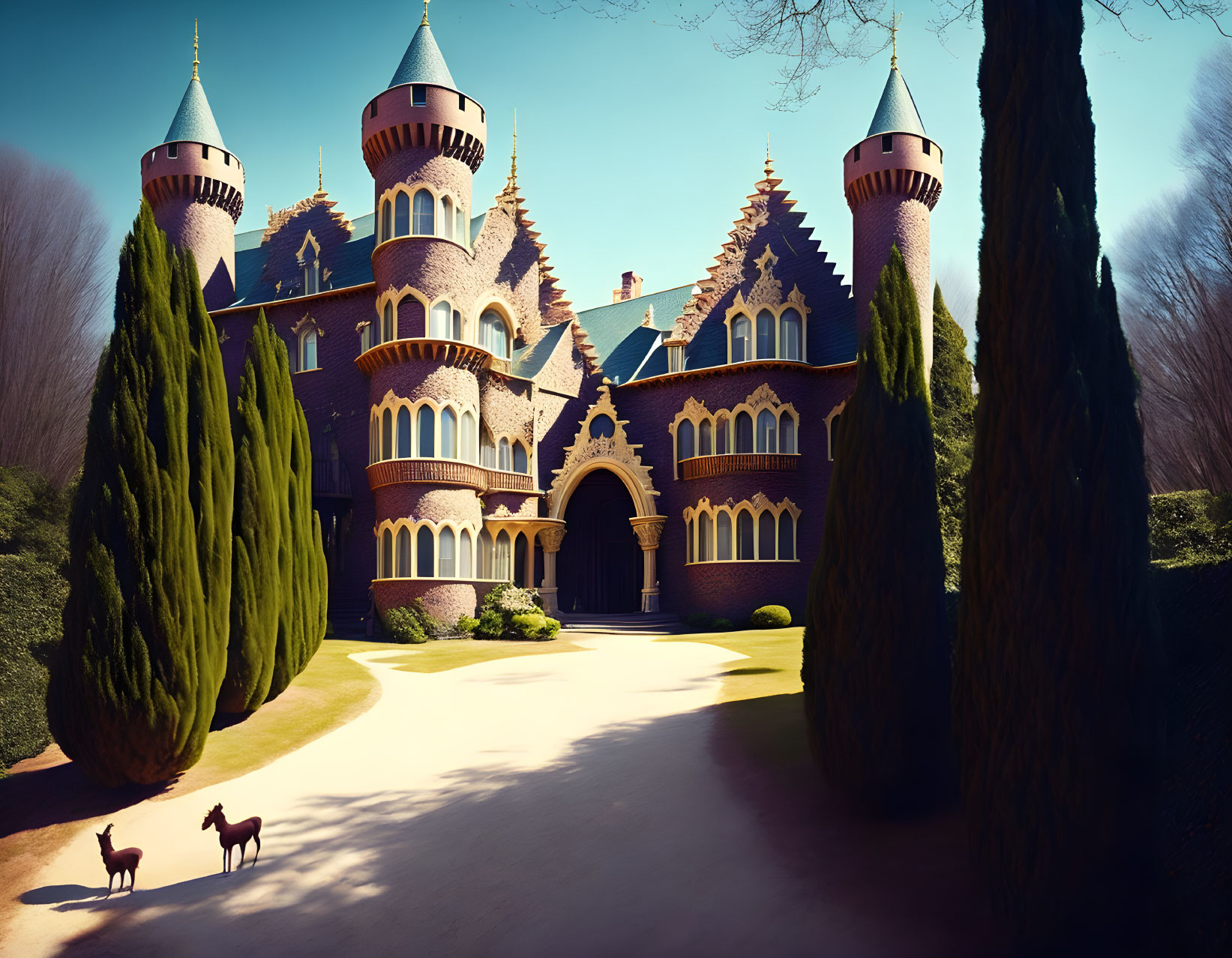 Pointed towers and arched windows of a brick fairy tale castle in a serene natural setting