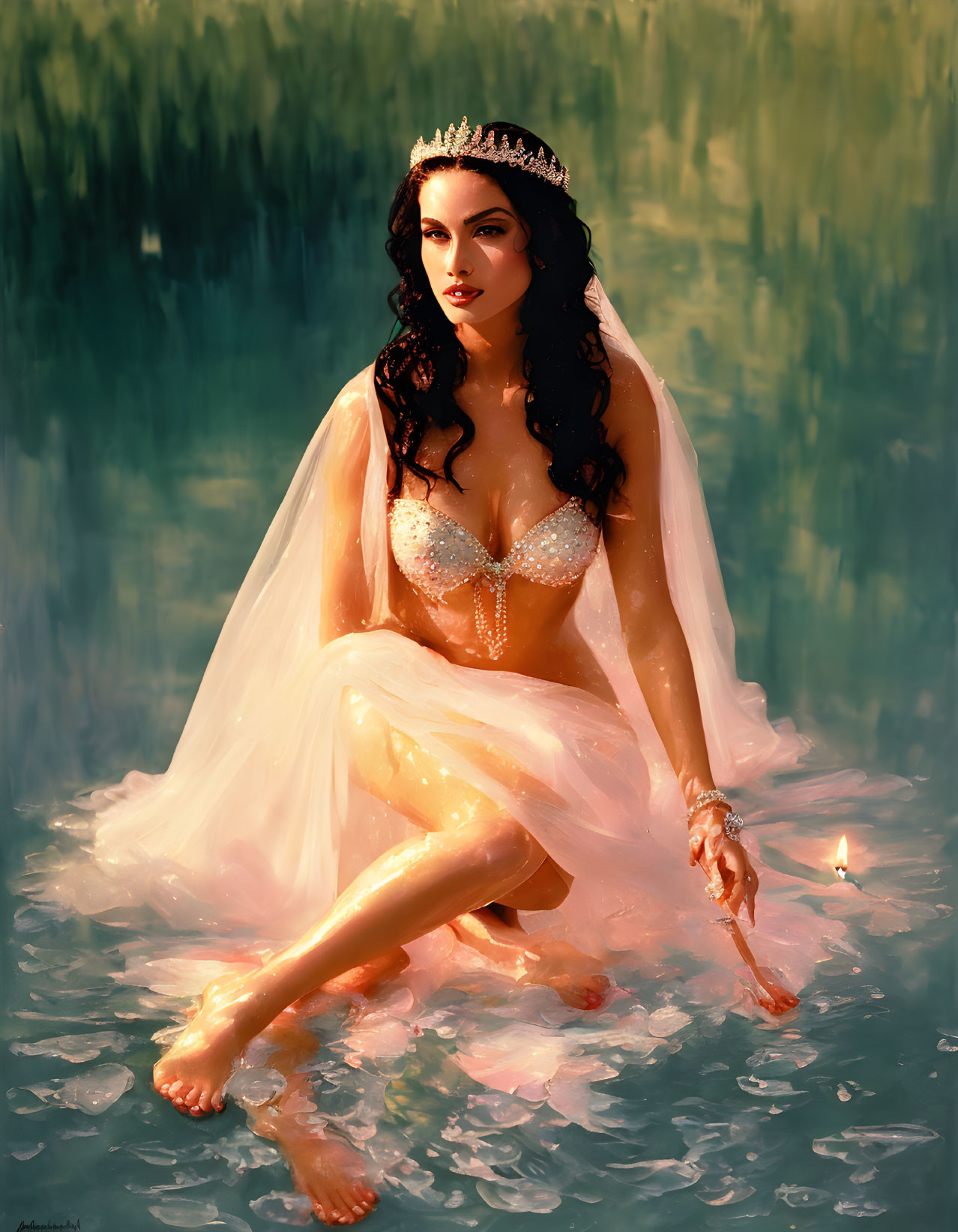 Regal woman in bridal gown and tiara serenely seated in shallow water