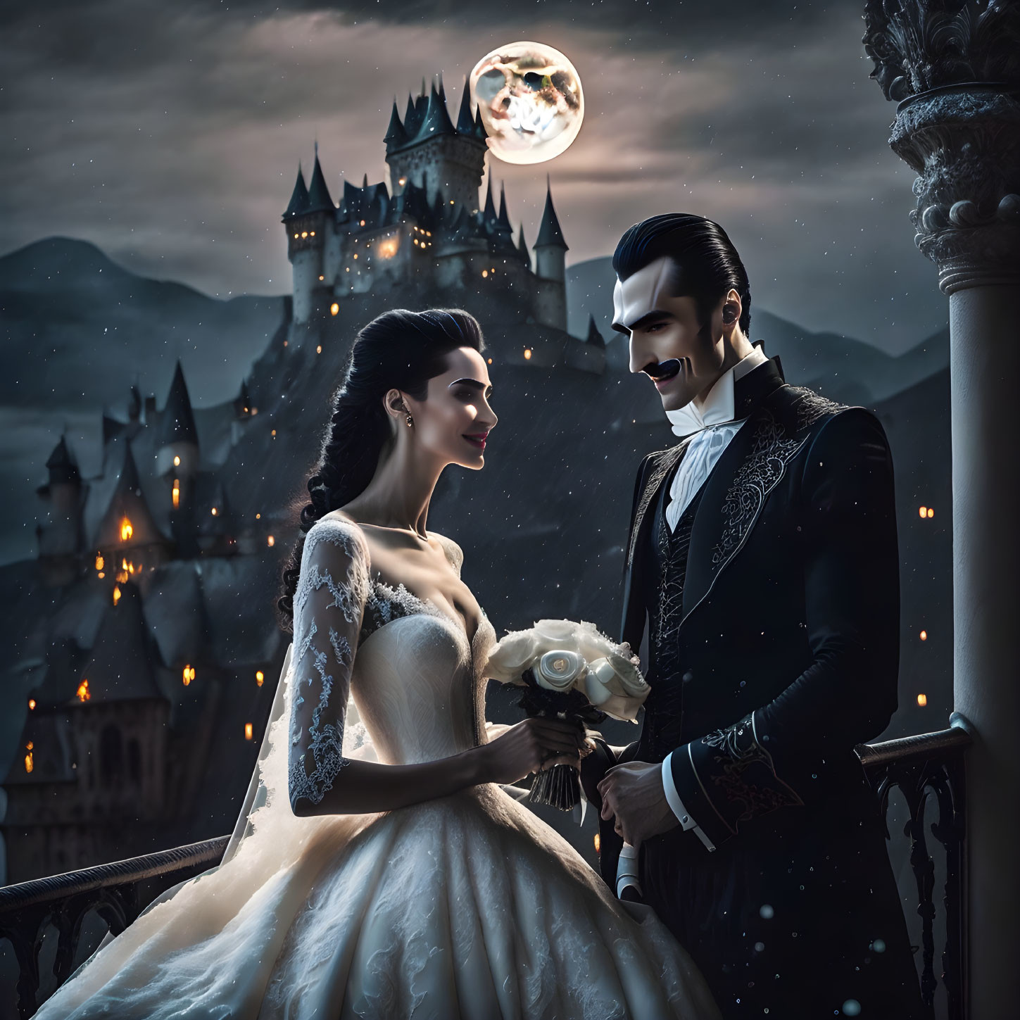 Gothic couple in elegant attire on balcony with castle and full moon