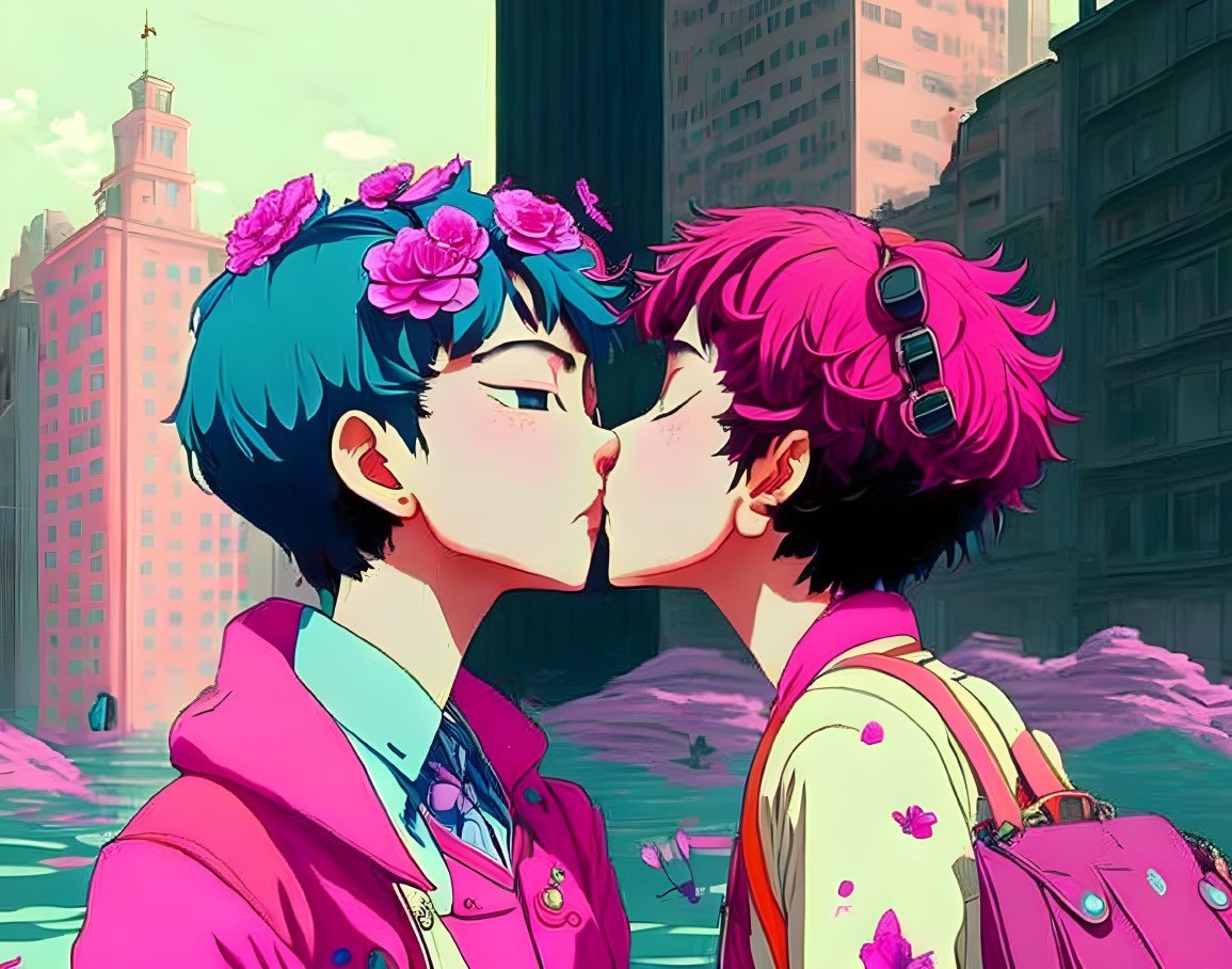 Animated characters kissing in city street with pink hues and floral accents