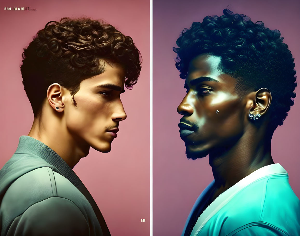 Stylized digital portraits of men with curly hair in profile view