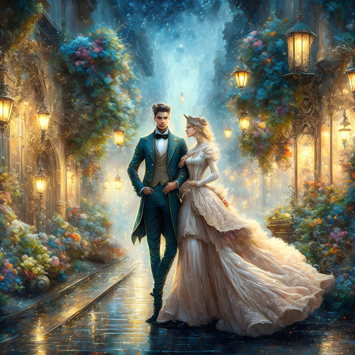 Elegant couple walking down flower-lined alley at twilight